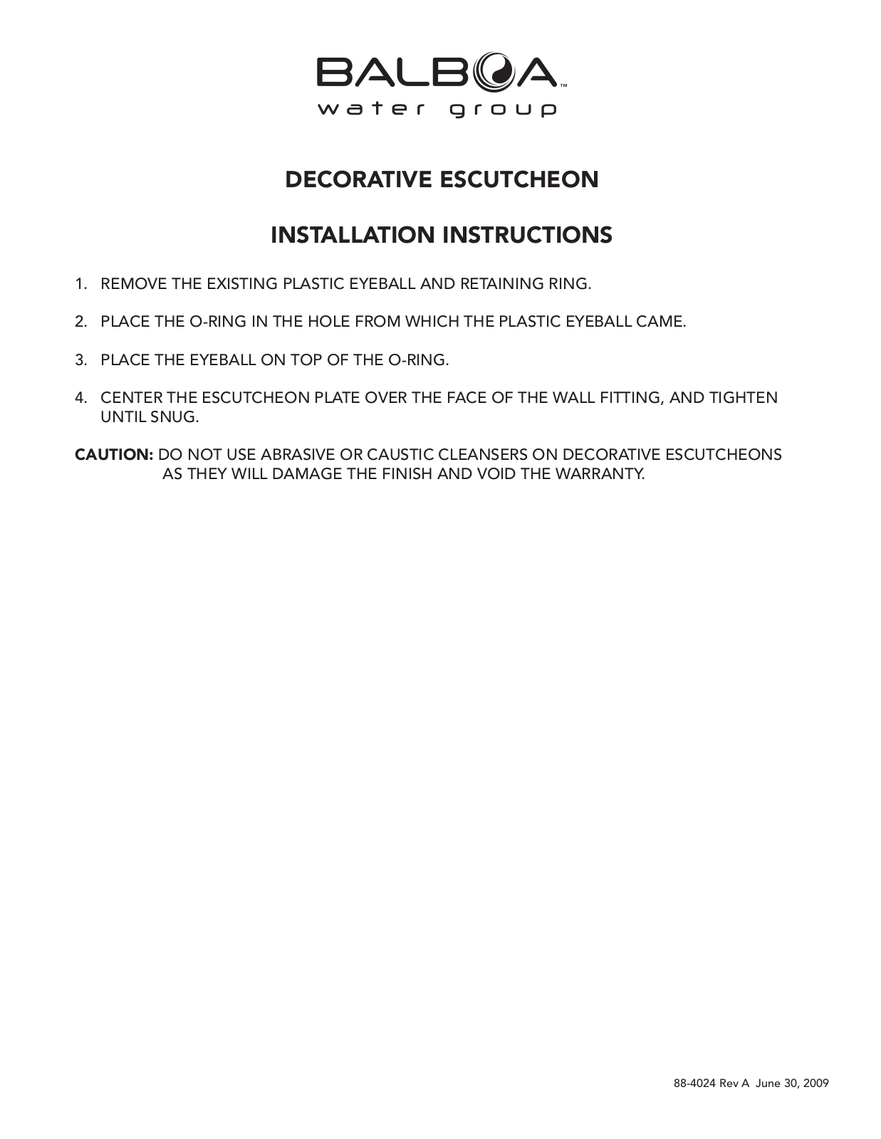 Balboa Water Group Decorative Escutcheon User Manual