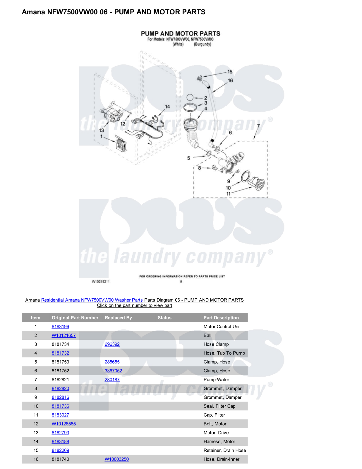 Amana NFW7500VW00 Parts Diagram