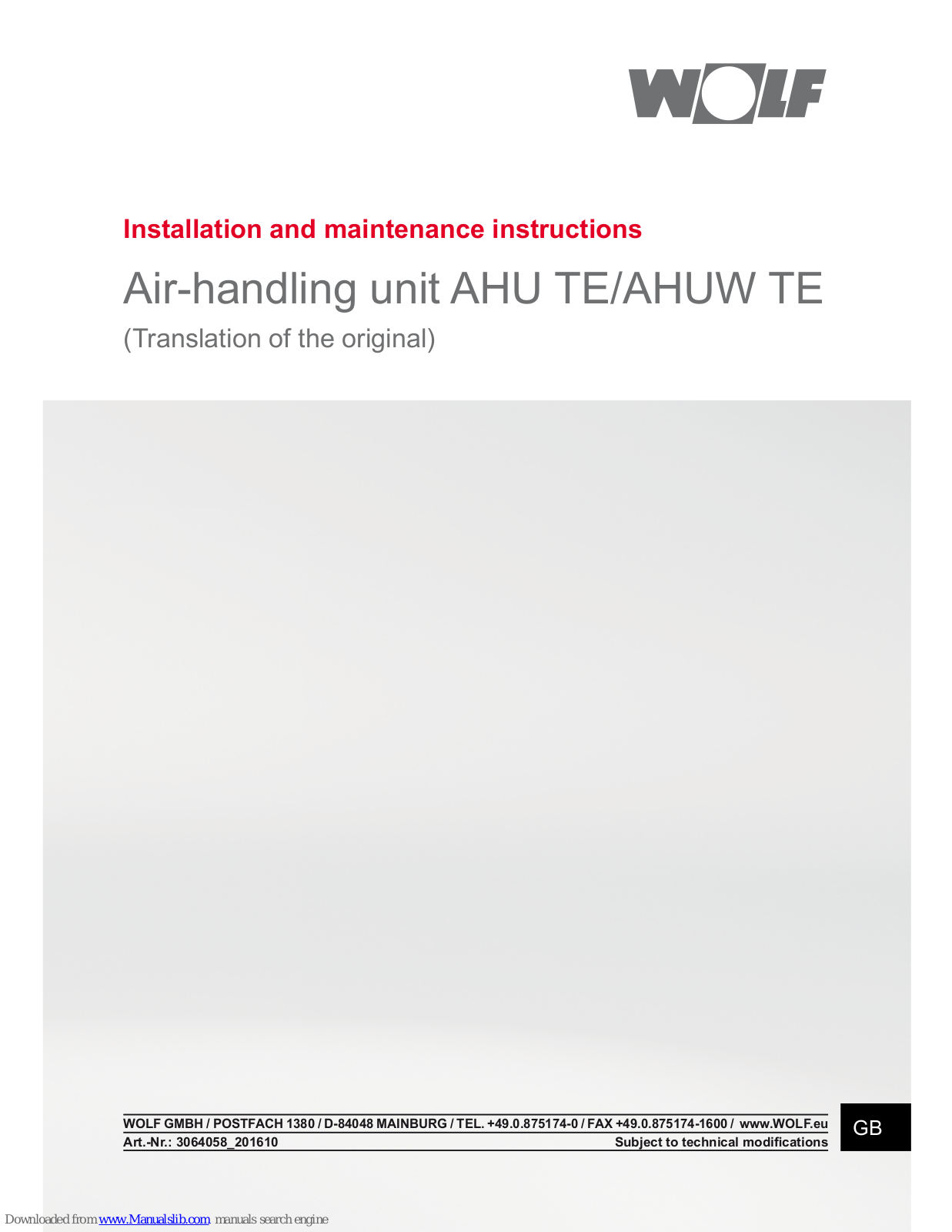 Wolf AHU TE, AHUW TE Installation And Maintenance Instructions Manual