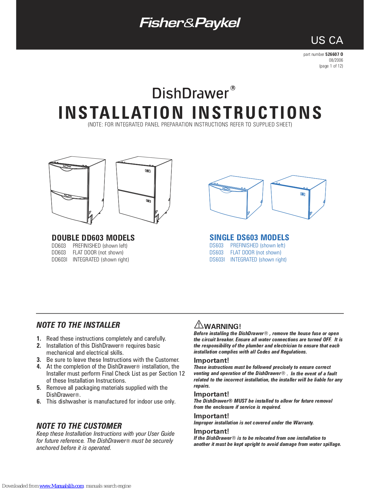 Fisher & Paykel DishDrawer DD603, DishDrawer DS603, DishDrawer DS603I, DishDrawer DD603I Installation Instructions Manual