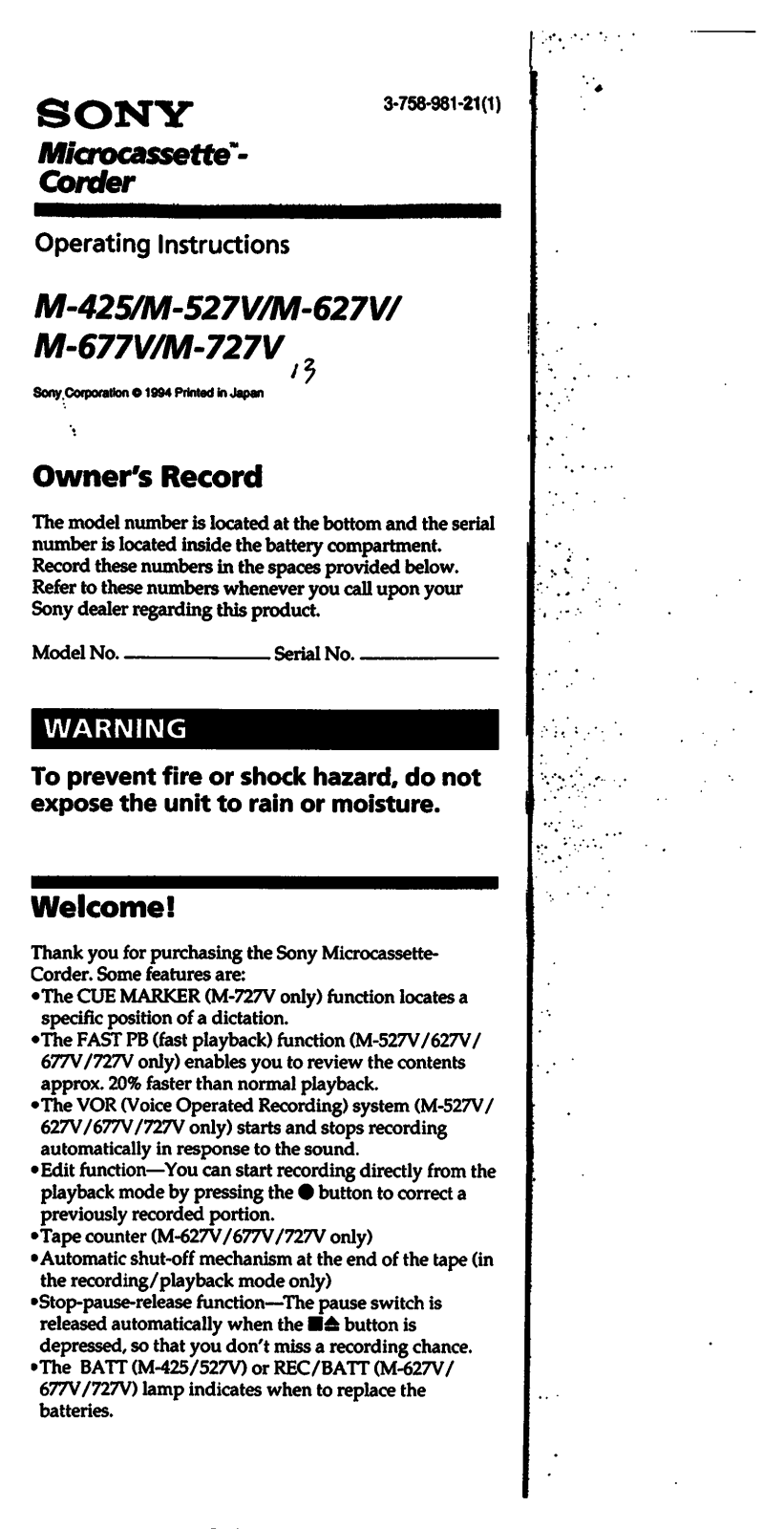 Sony m-677v, m-727v Operating Instructions