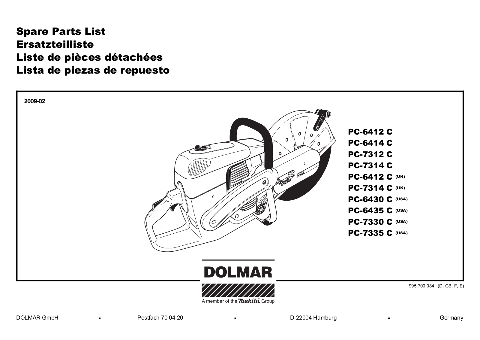 Dolmar PC-7312 C, PC-7314 C, PC-6430 C, PC-7335 C, PC-7330 C Spare Parts List