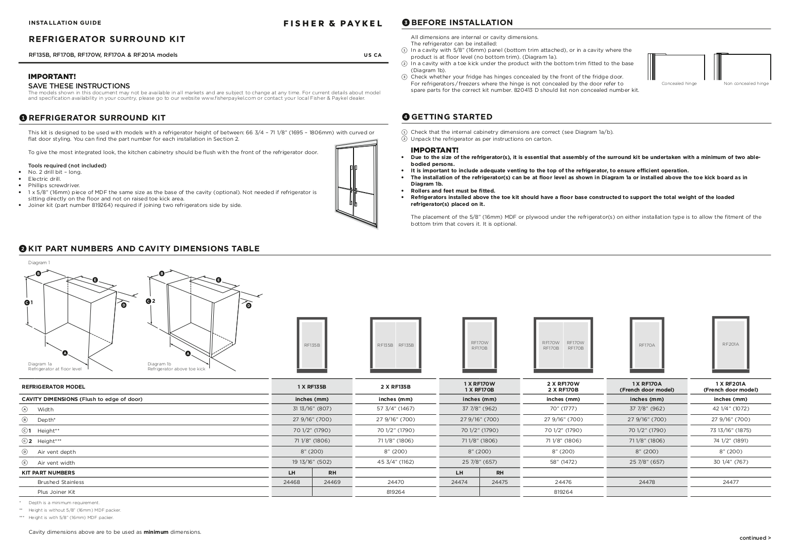 Fisher & Paykel KS9017MX1, FPRERADWRH1172 Installation manual