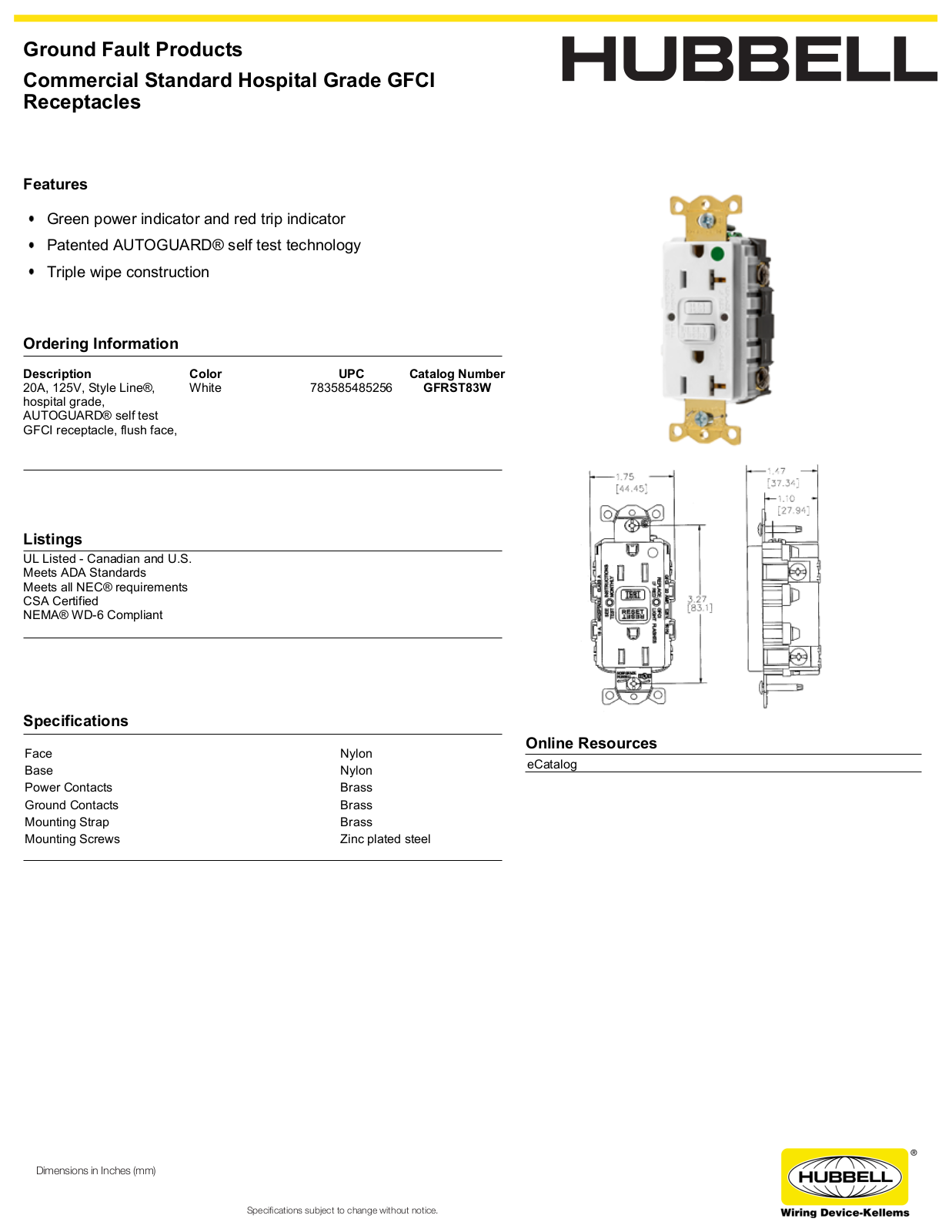 Hubbell GFRST83W Specifications