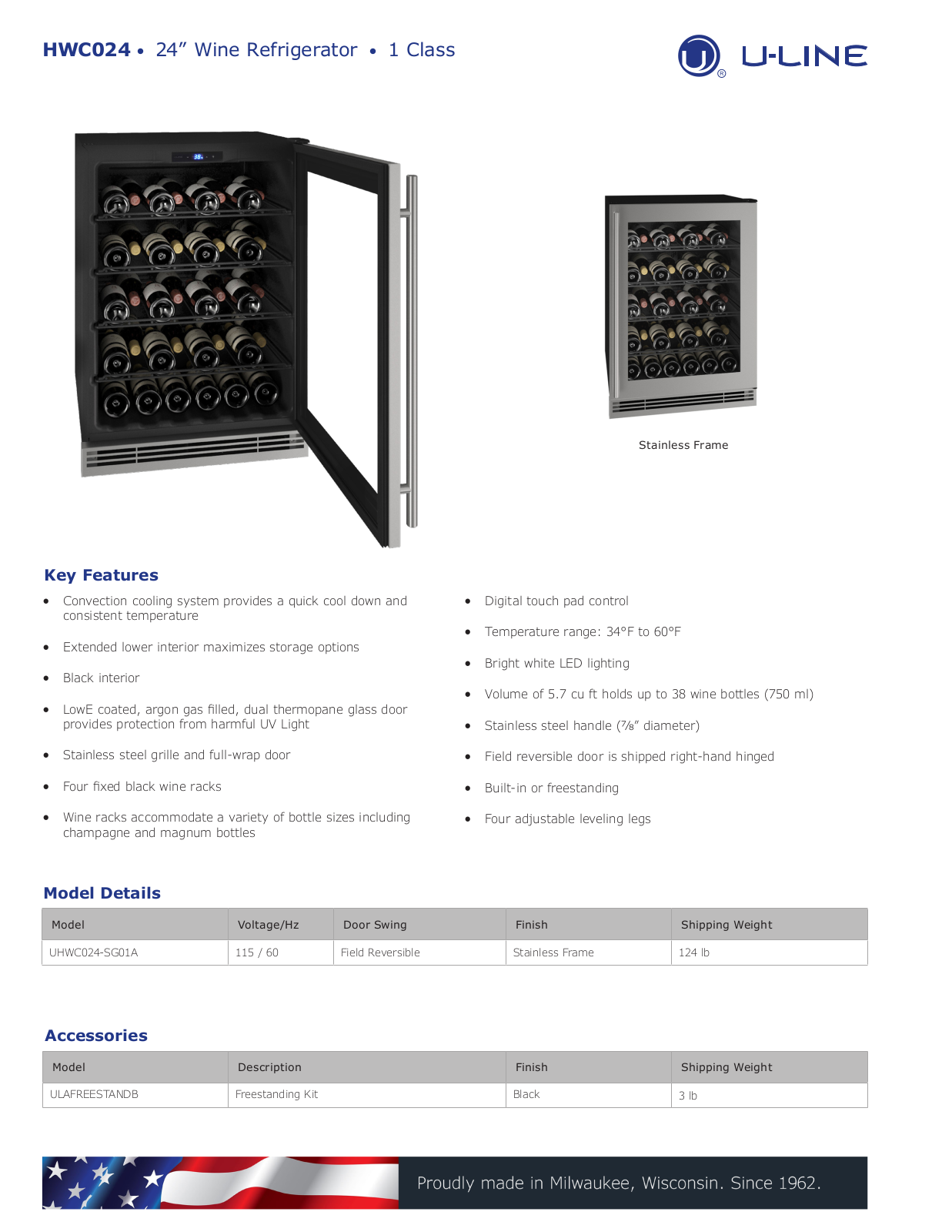 U-Line UHWC024SG01A PRODUCT SPECIFICATIONS