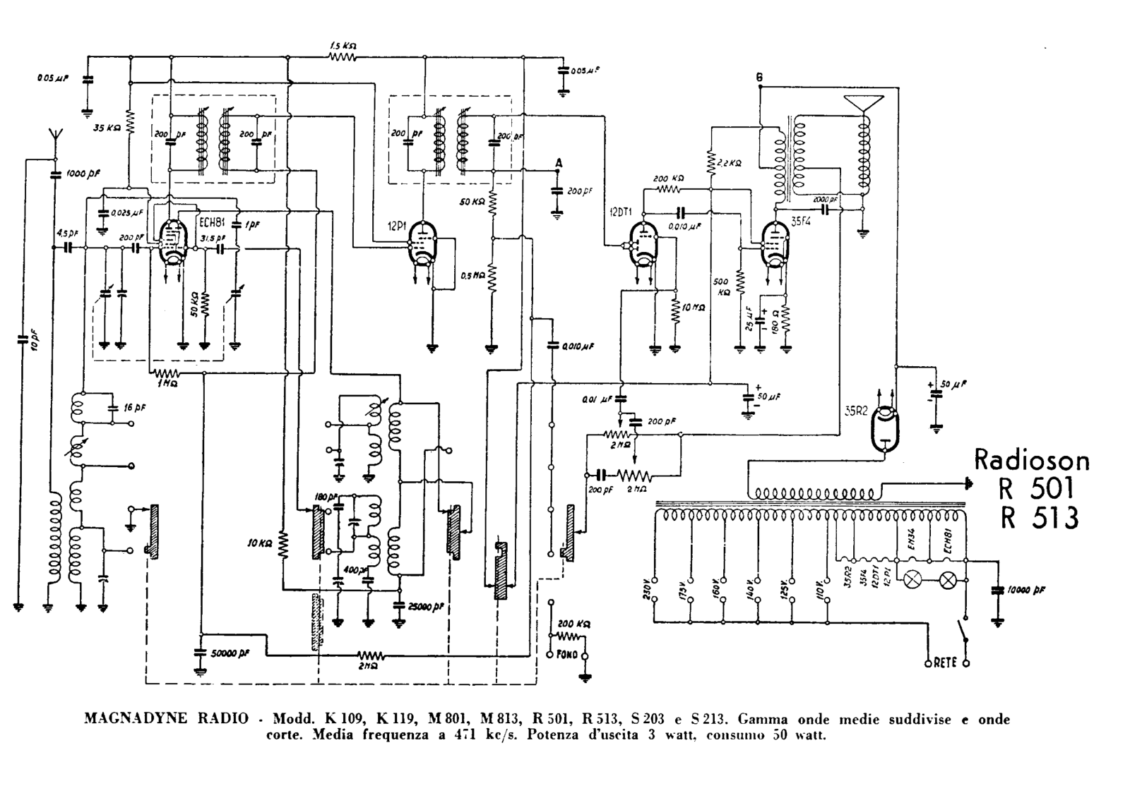 Magnadyne k109, k119, m801, m813, r501 schematic