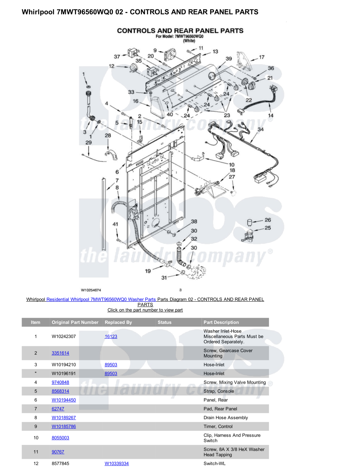 Whirlpool 7MWT96560WQ0 Parts Diagram