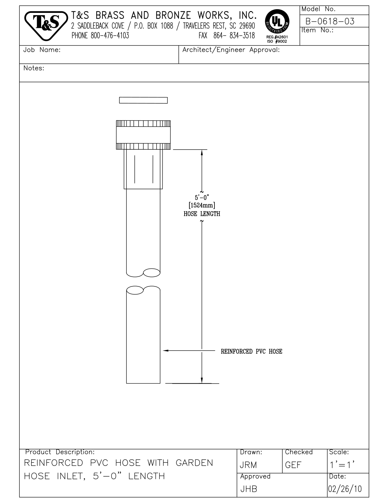 T & S Brass & Bronze Works B-0618-03 General Manual