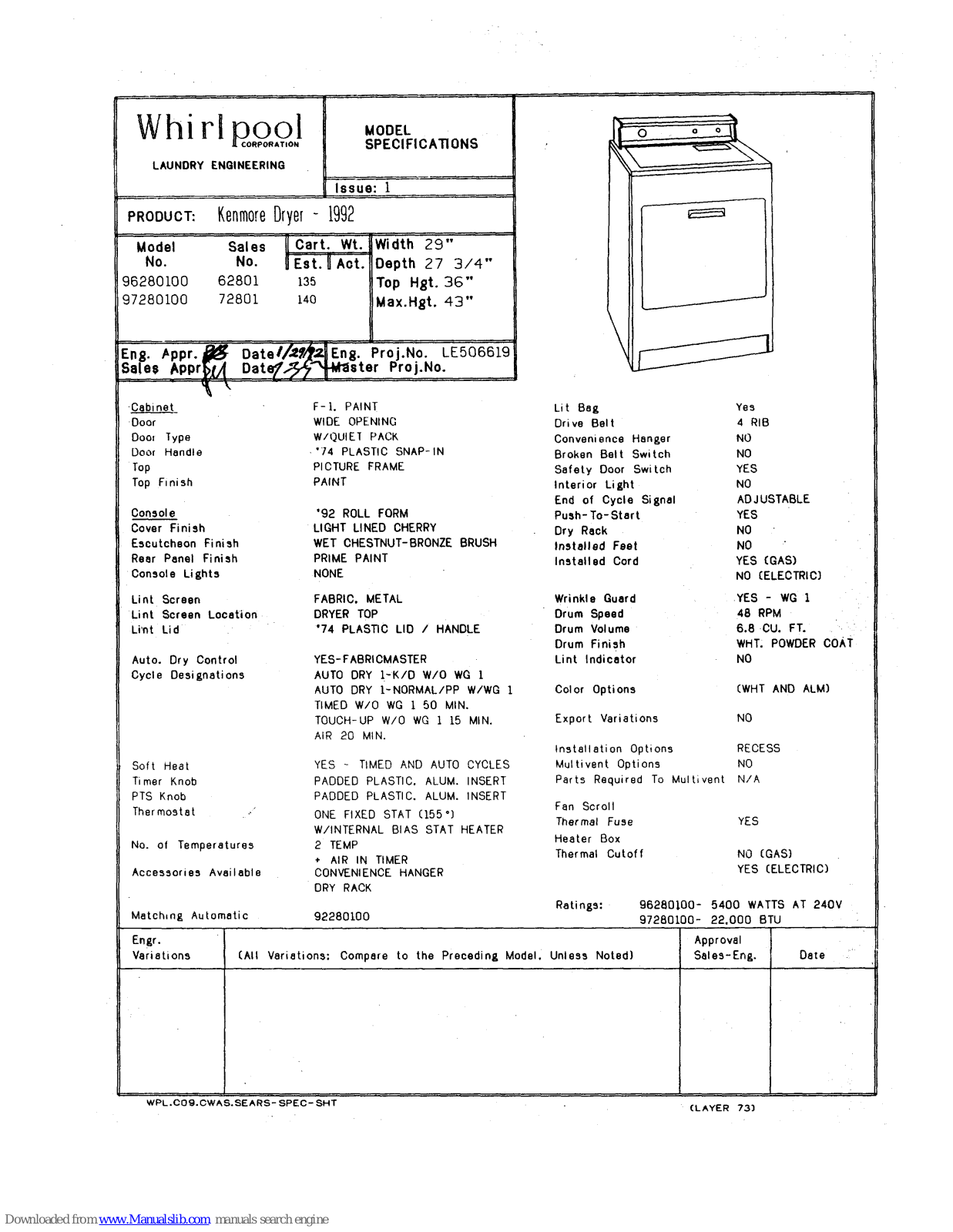 Kenmore 96280100, 97280100 Specifications - ManualMachine.com