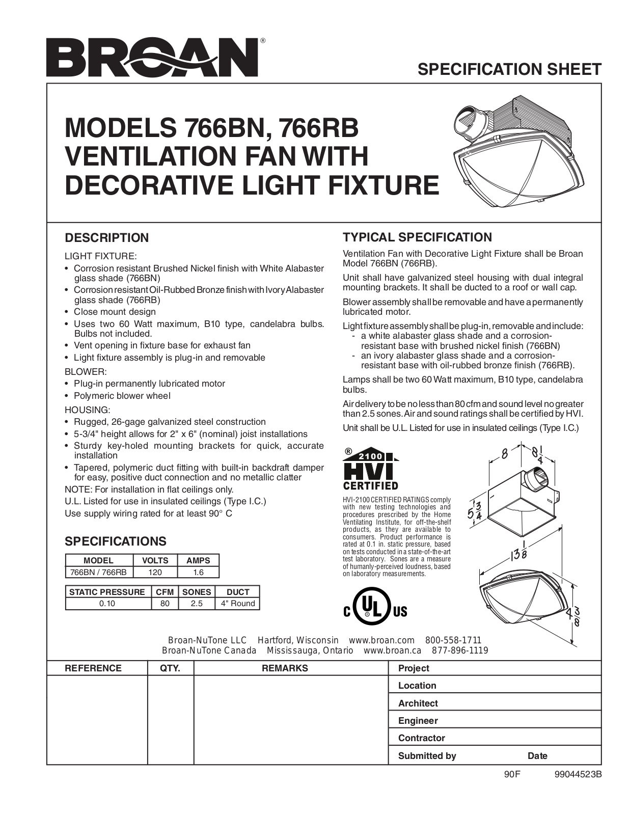 Broan 766bn, 766rb Specification Data