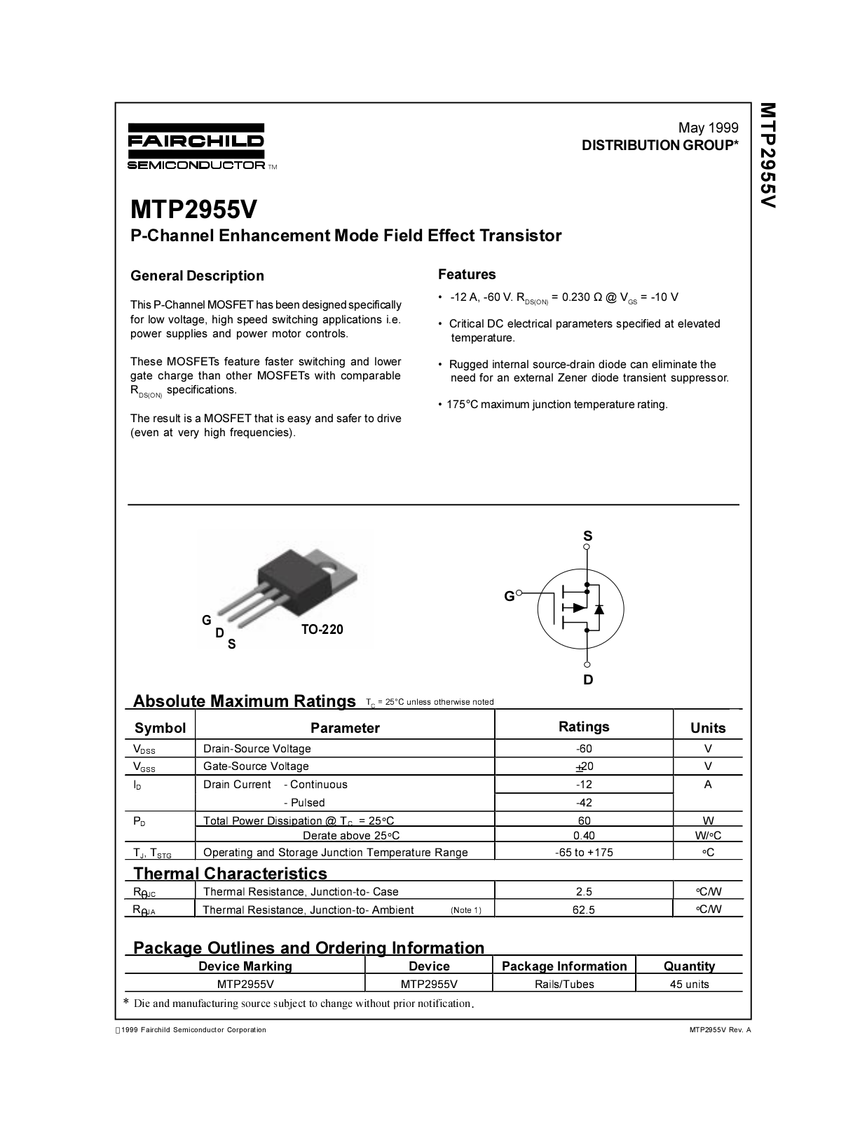 Fairchild Semiconductor MTP2955V Datasheet