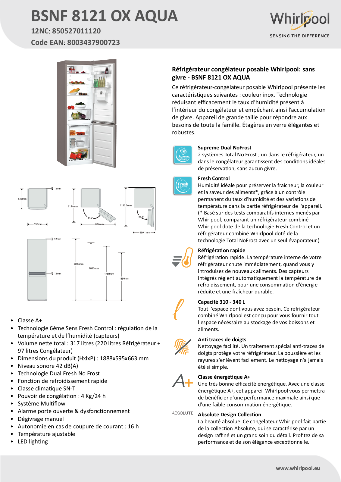 Whirlpool BSNF 8121 OX AQUA Product information