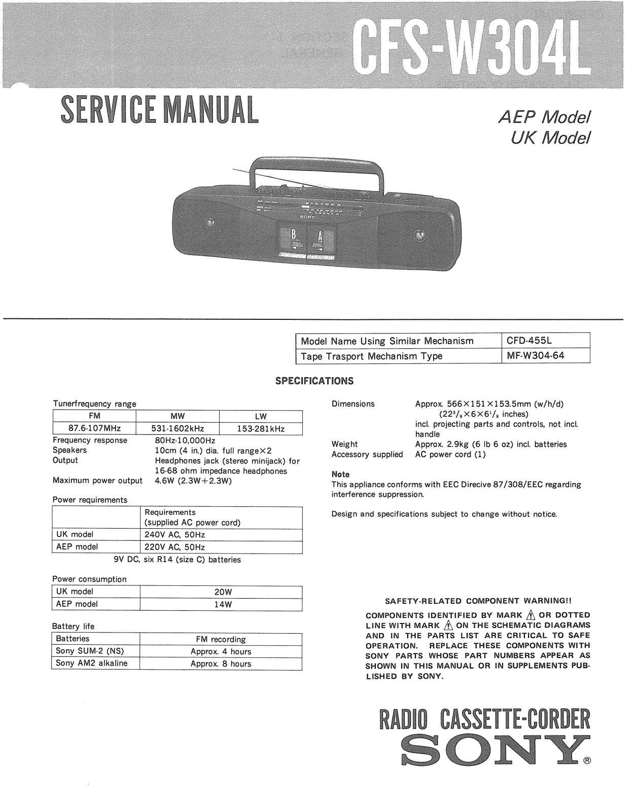 Sony CFSW-304-L Service manual