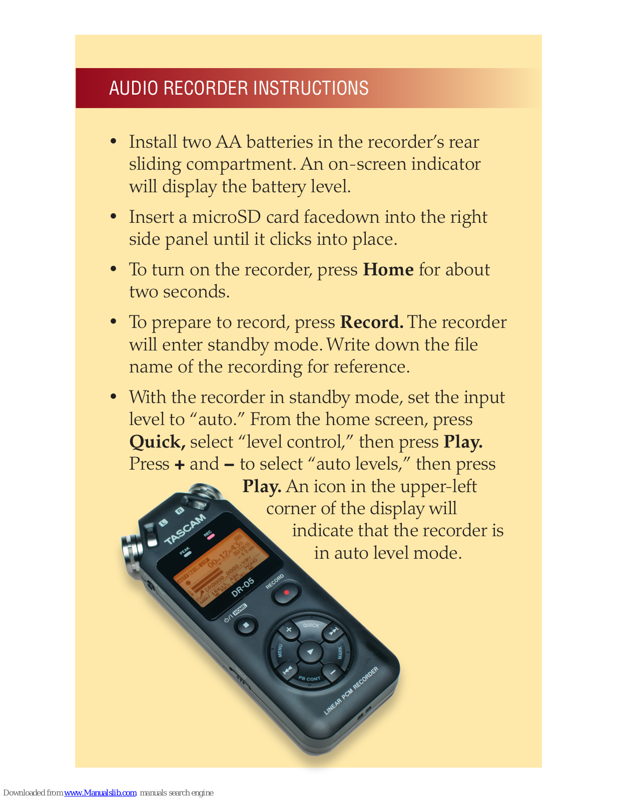 Tascam AUDIO RECORDER Instructions For Use Manual