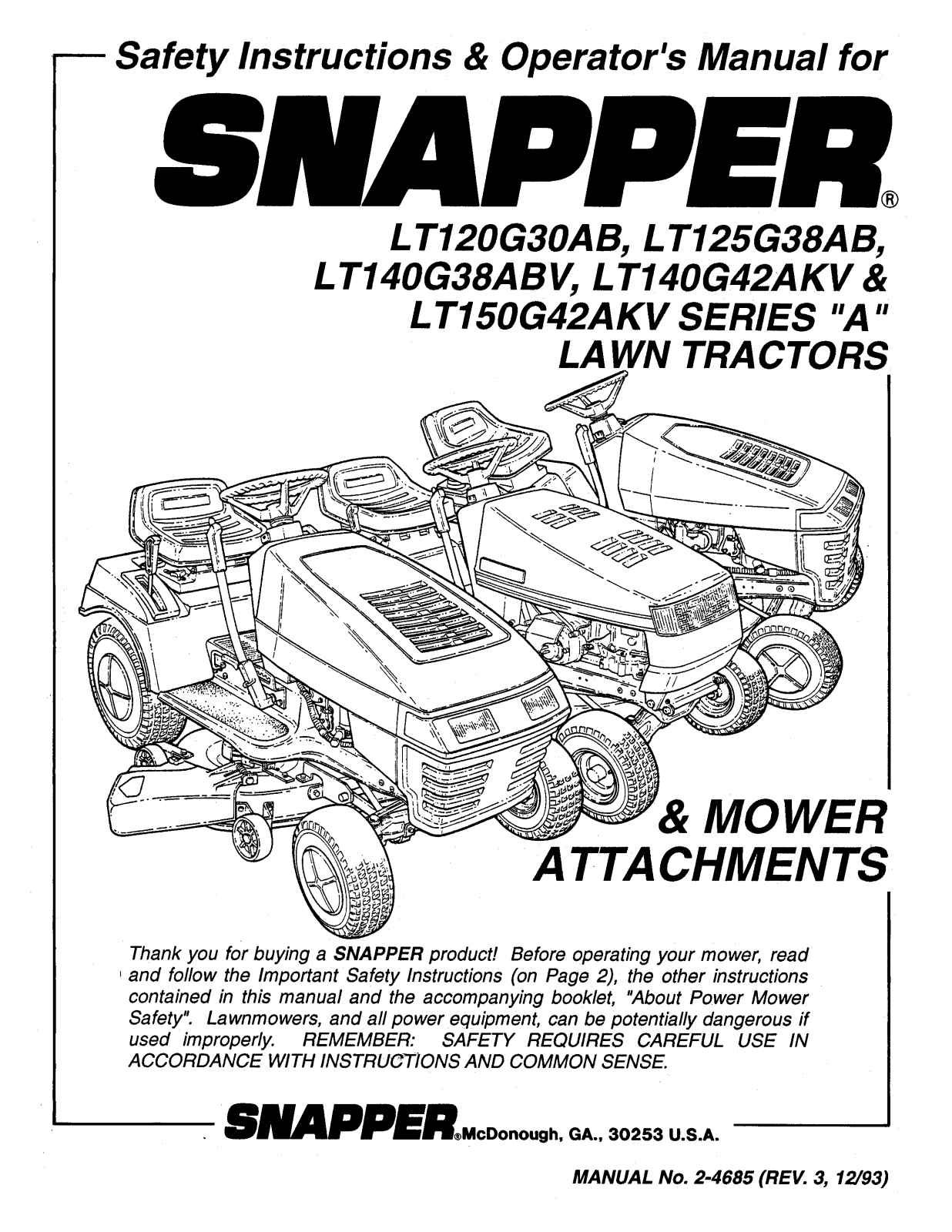 Snapper LT150G42AKV, LT120G30AB, LT125G38AB User Manual