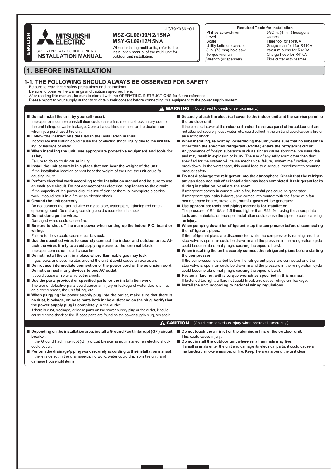 Mitsubishi MSY-GL09NA-U1, MSY-GL12NA-U1, MSY-GL15NA-U1 Installation Guide