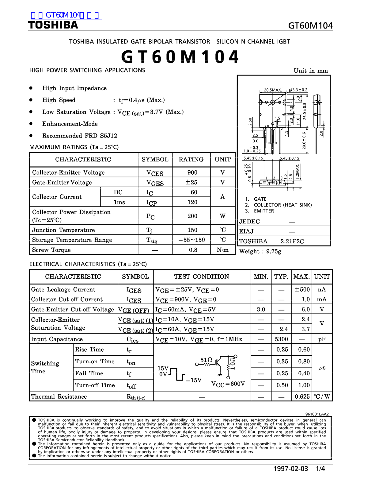 TOSHIBA CT60M104 Technical data