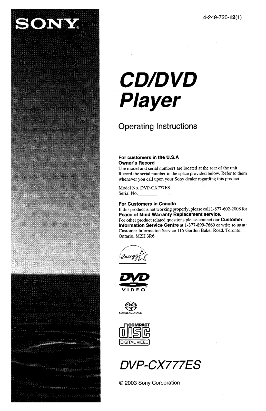 Sony DVPCX-777-ES Owners manual