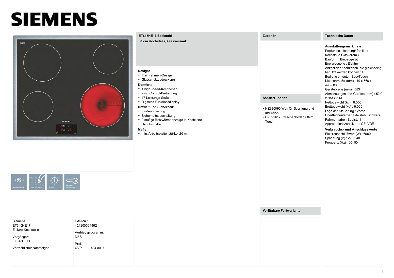 SIEMENS ET645HE17 operation manual