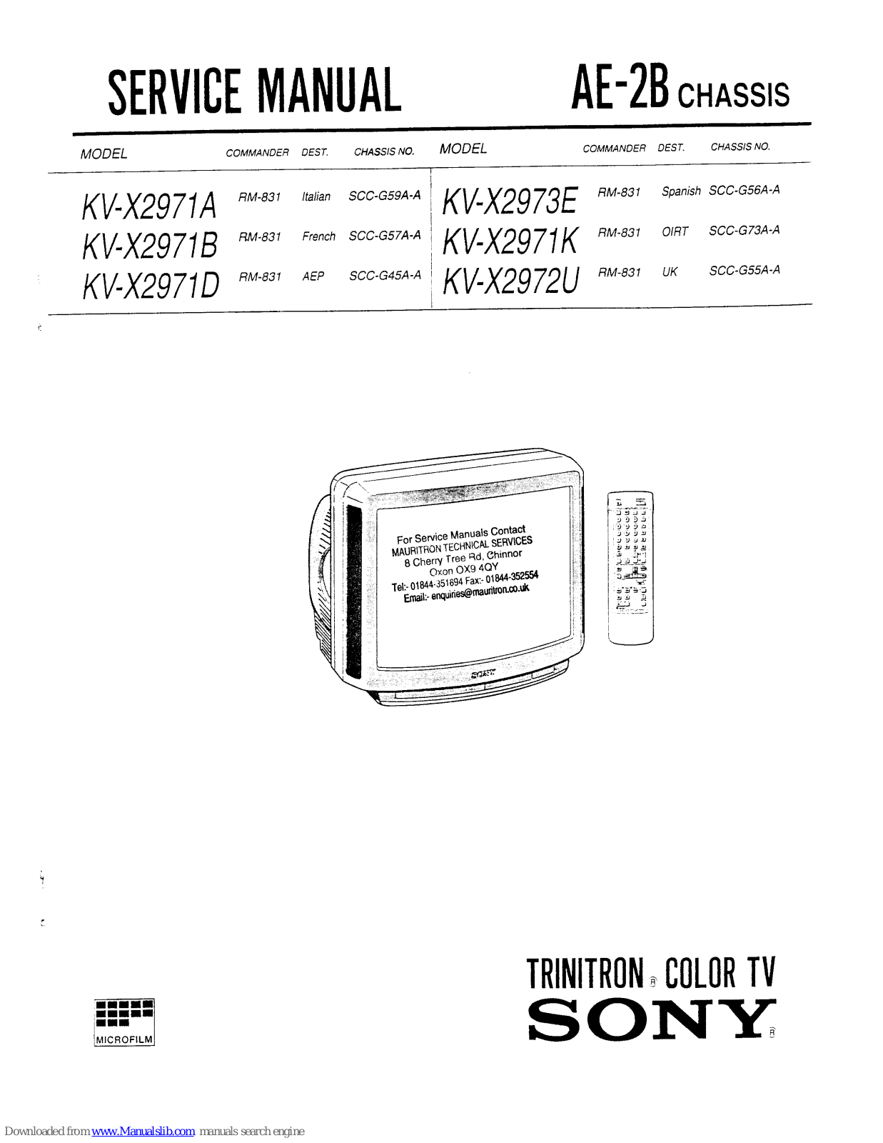 Sony Trinitron KV-X2971A, Trinitron KV-X2971B, Trinitron KV-X2971D, Trinitron KV-X2971K, Trinitron KV-X2972U Service Manual