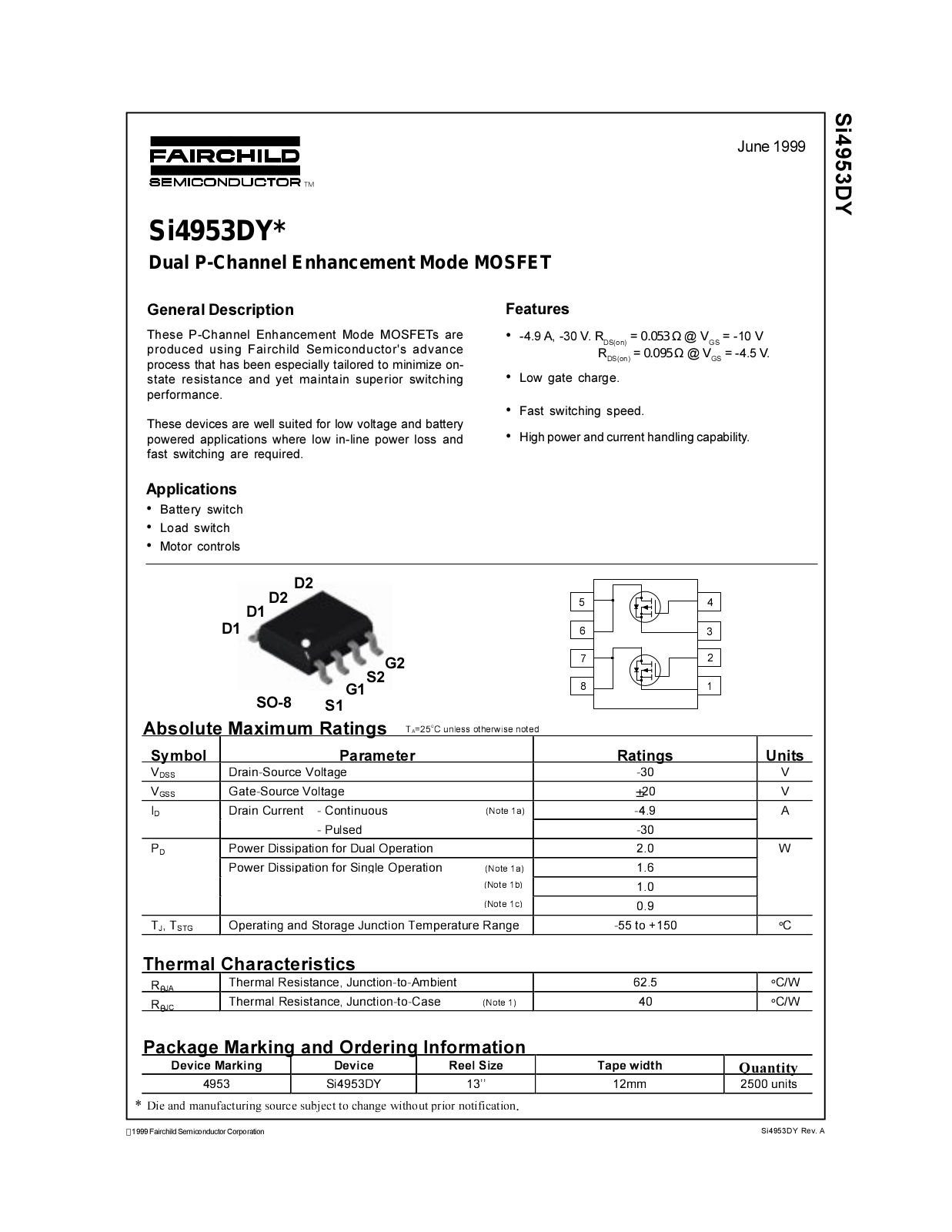 Fairchild Semiconductor SI4953DY Datasheet