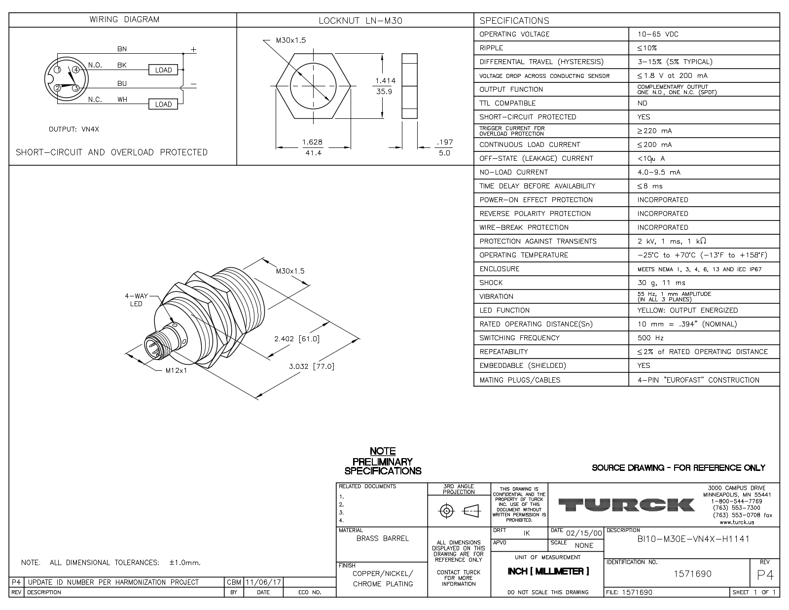 Turck BI10-M30E-VN4X-H1141 Data Sheet