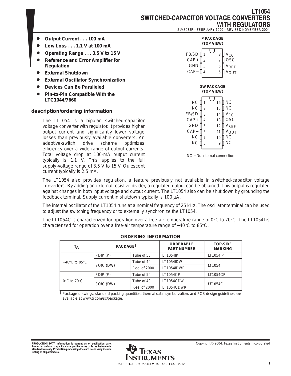 TEXAS INSTRUMENTS LT1054 Technical data