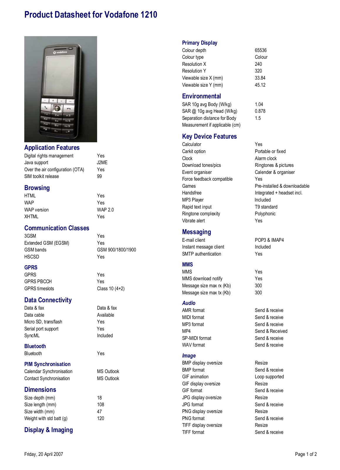 Vodafone 1210 User Manual