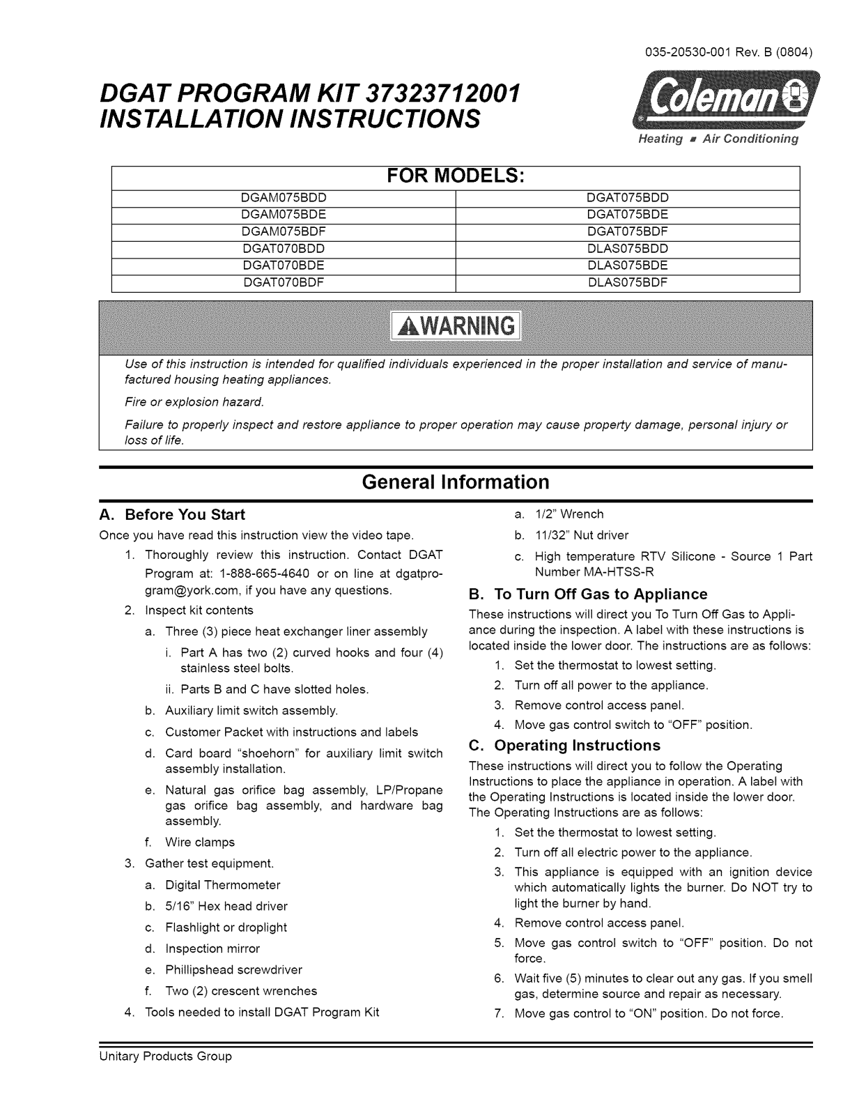 Coleman Evcon DGAM075BDD, DGAT070BDD, DLAS075BDD, DGAT075BDD Installation Guide - ManualMachine.com