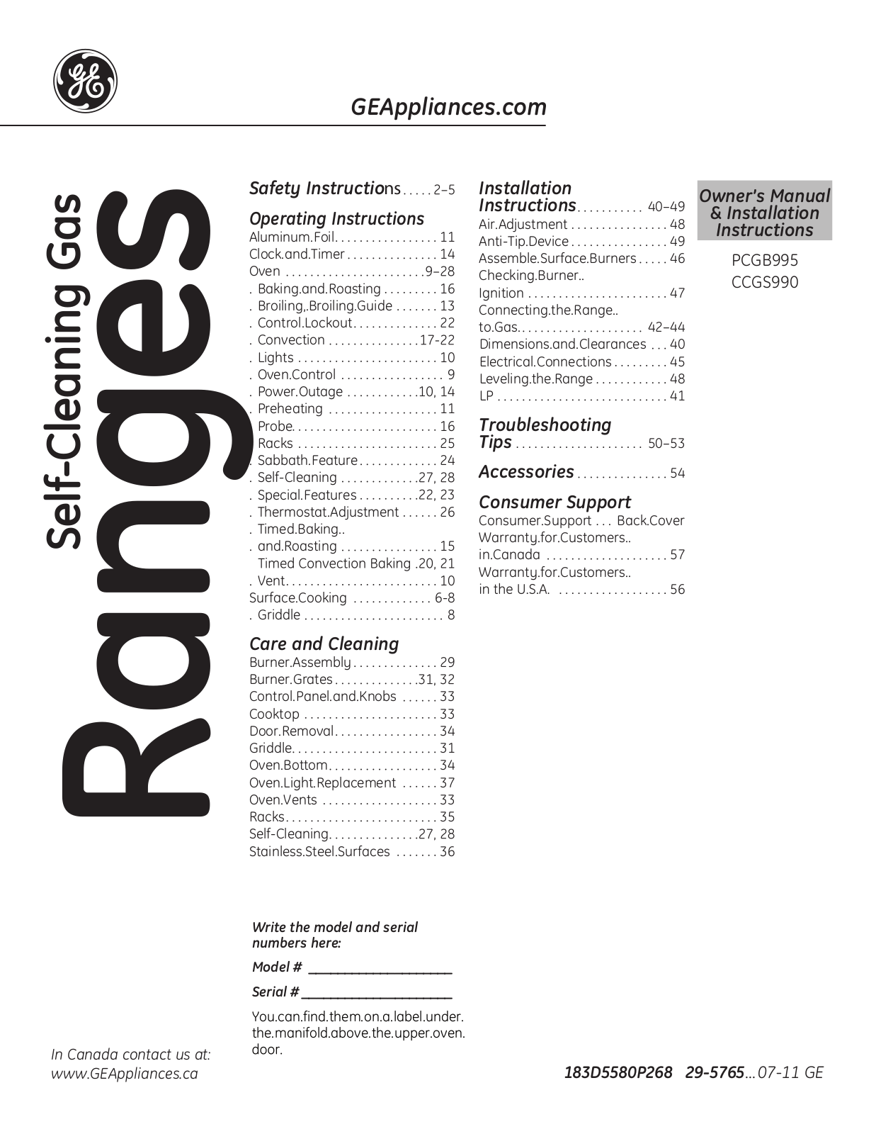GE PCGB995, CCGS990 Owner's Manual & Installation Instructions