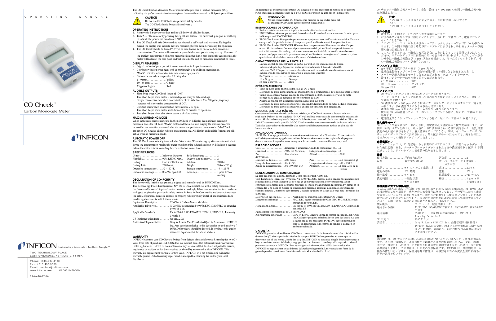 INFICON CO Check Carbon Monoxide Meter User Manual