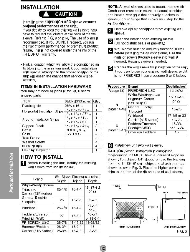 Friedrich US12C30 Installation Guide