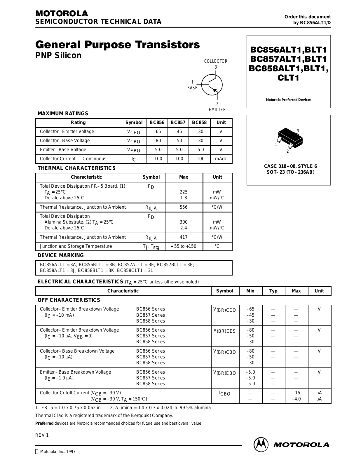 ON Semiconductor BC858CLT3, BC858CLT1, BC858ALT1, BC857BLT3, BC857BLT1 Datasheet