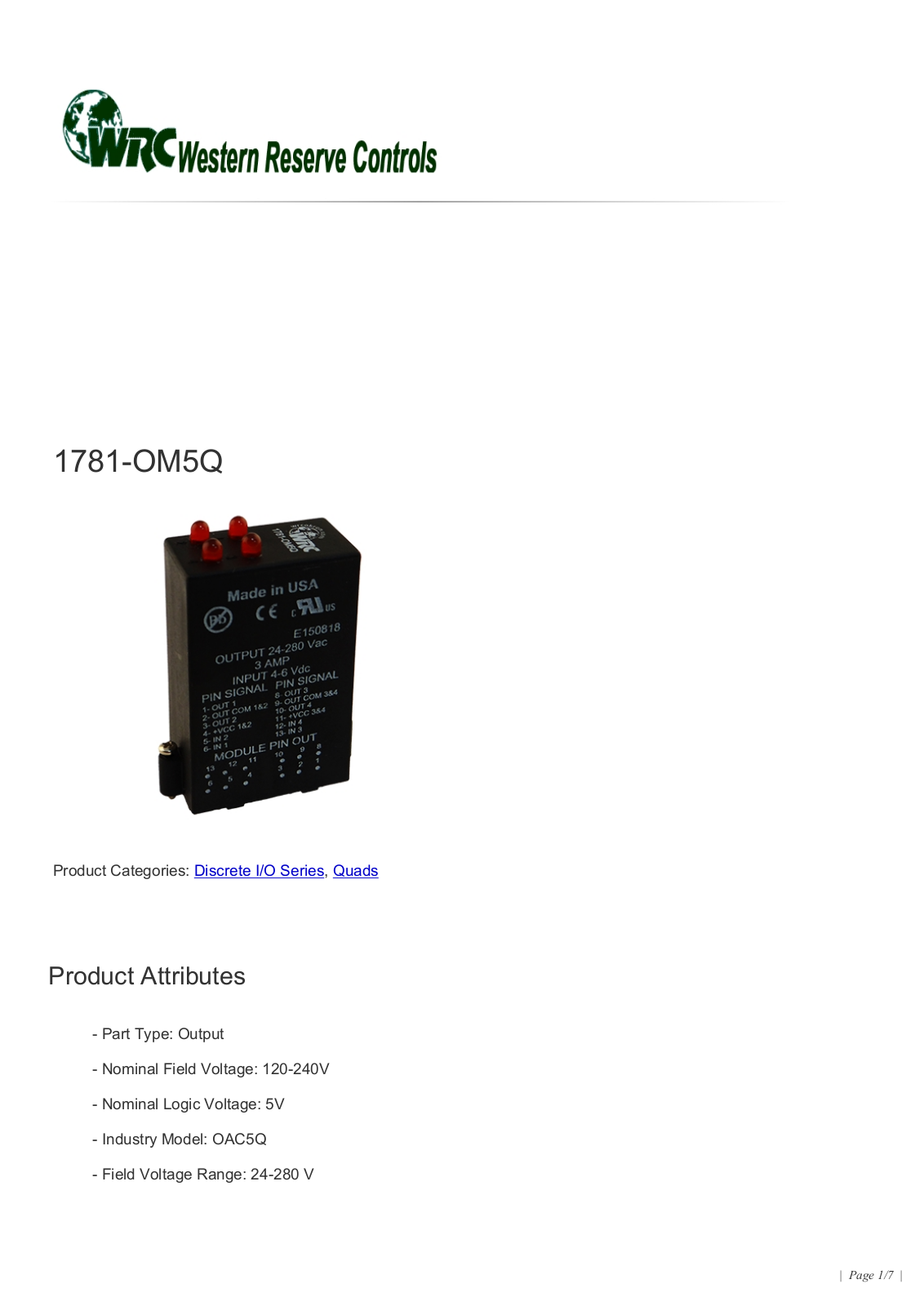 Western Reserve Controls 1781-OM5Q Data Sheet