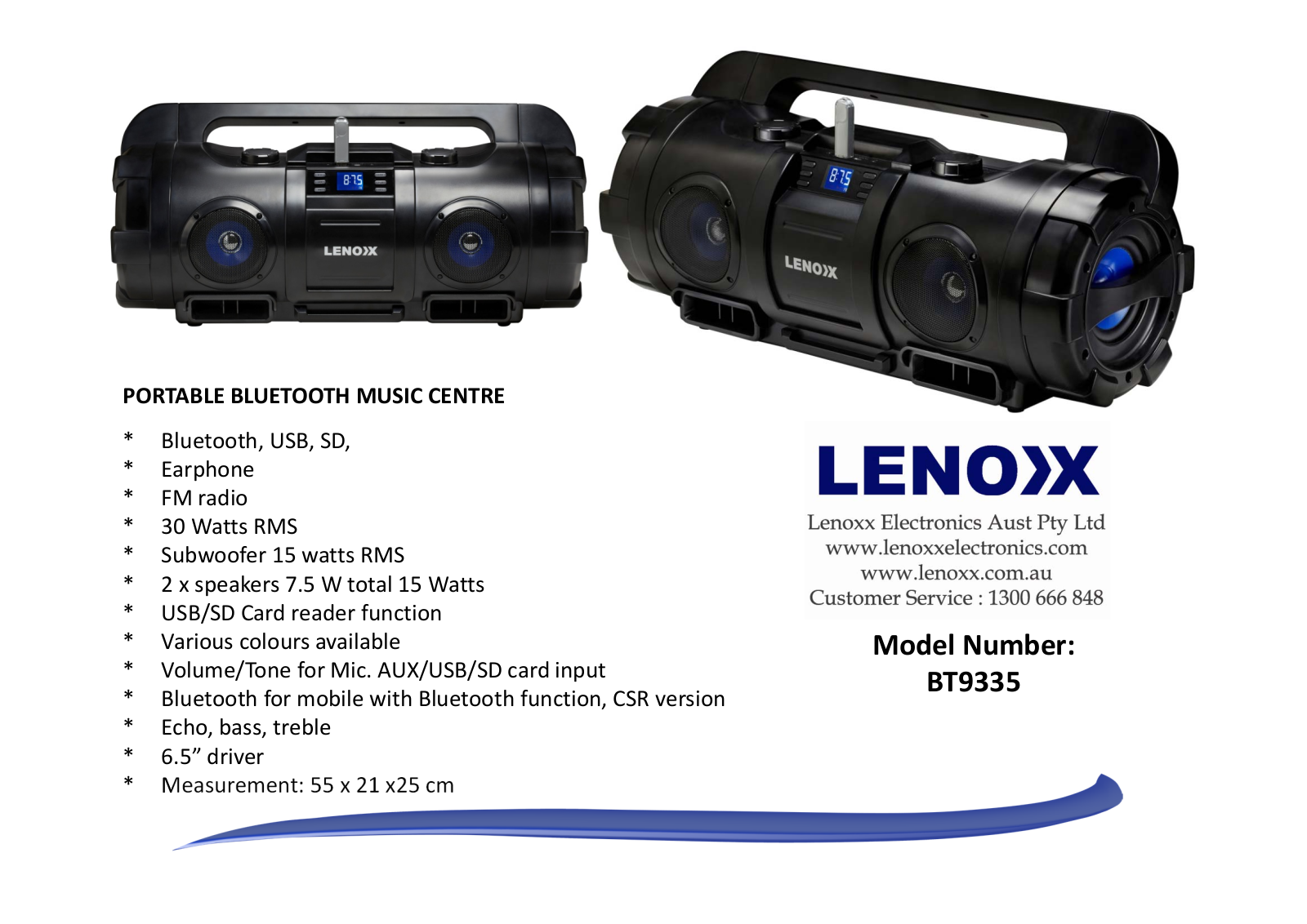 Lenoxx BT9335 Specifications Sheet