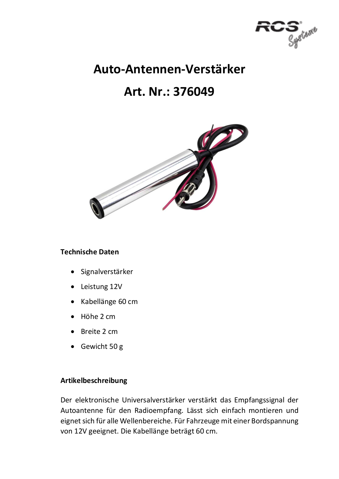 RCS Systeme 376049 Technical data