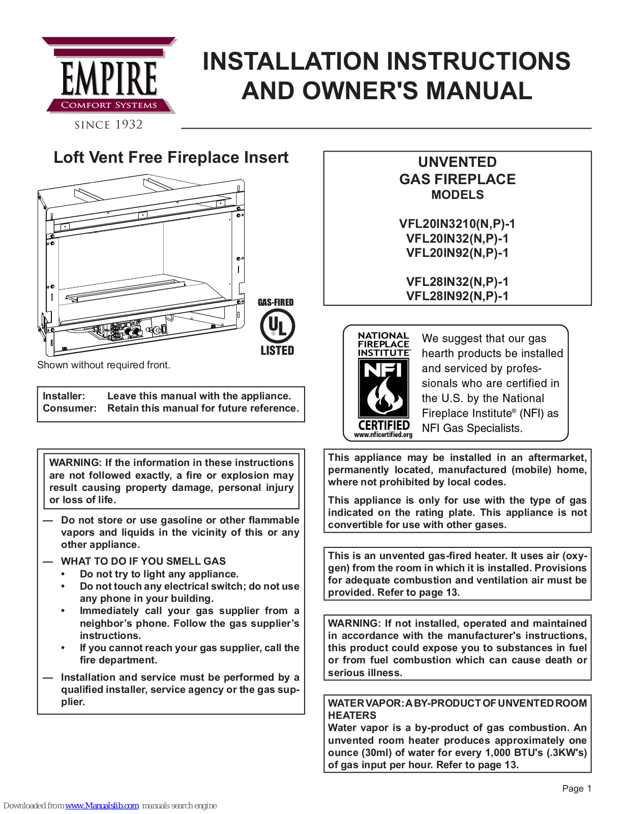 Empire Comfort Systems VFL20IN3210N-1, VFL20IN32N-1, VFL20IN92N-1, VFL28IN32N-1, VFL28IN92N-1 Installation Instructions And Owner's Manual