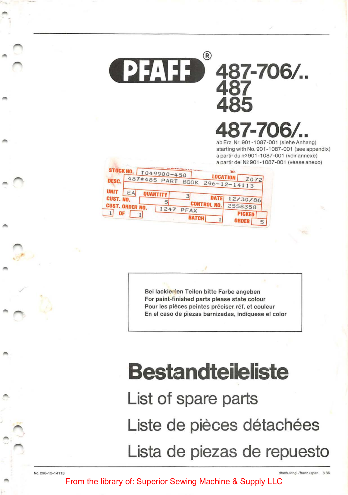 Pfaff 485, 487, 487-706 User Manual