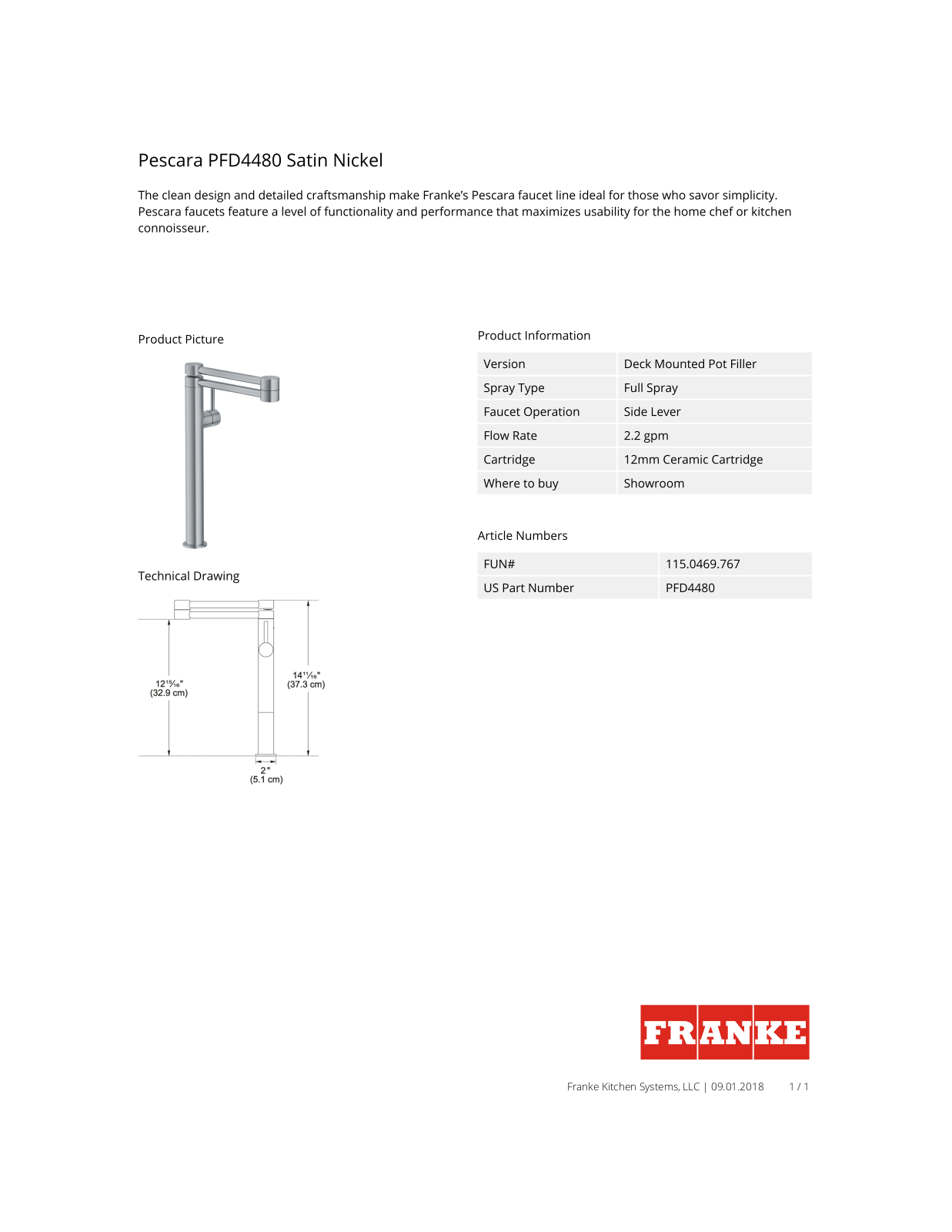 Franke PFD4480 Specs