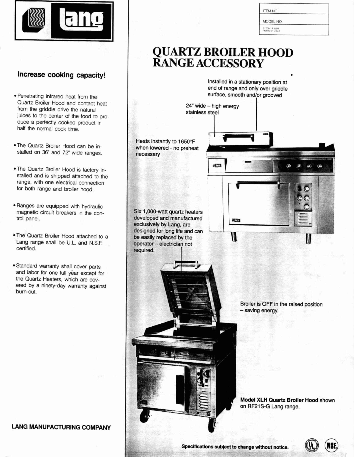 Lang Manufacturing XLH User Manual