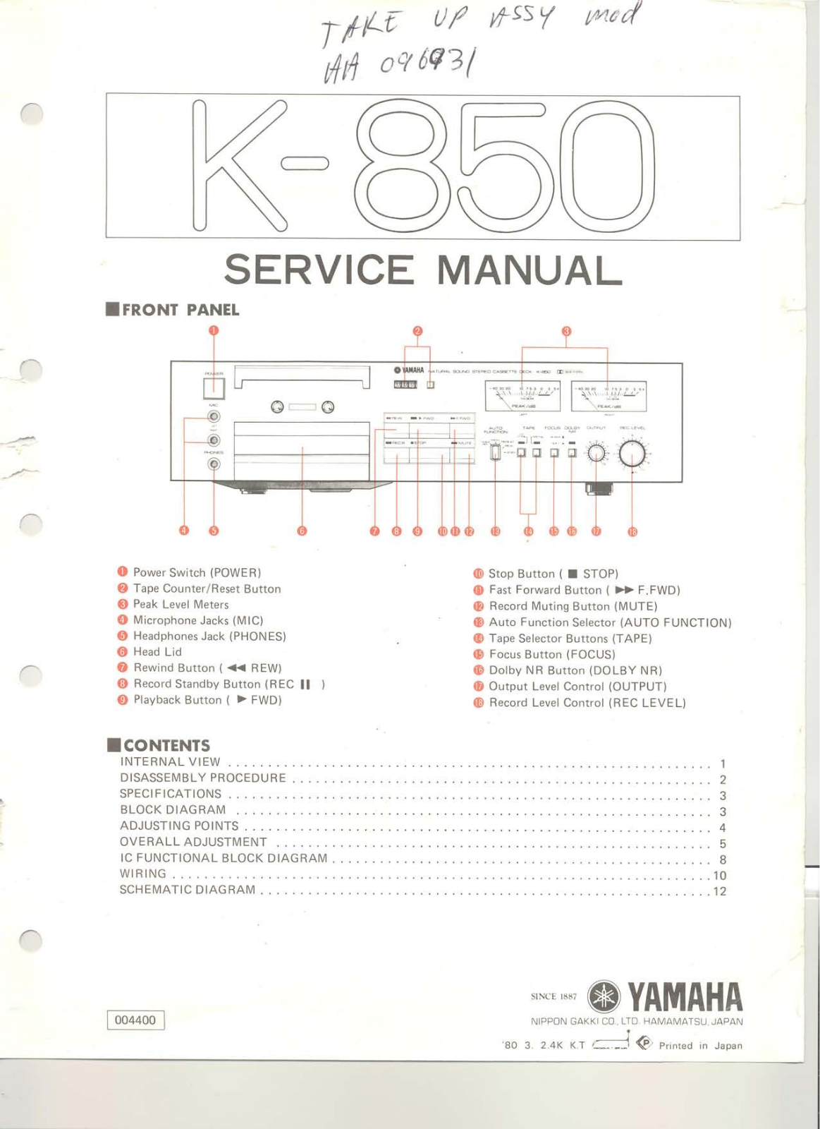 Yamaha K-850 Service manual