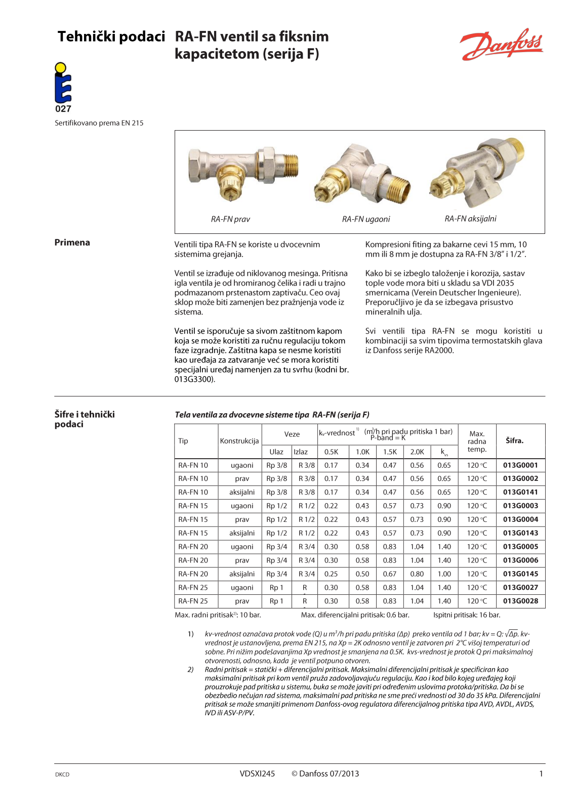 Danfoss RA-FN 10, RA-FN 20, RA-FN 15, RA-FN 25 Data sheet