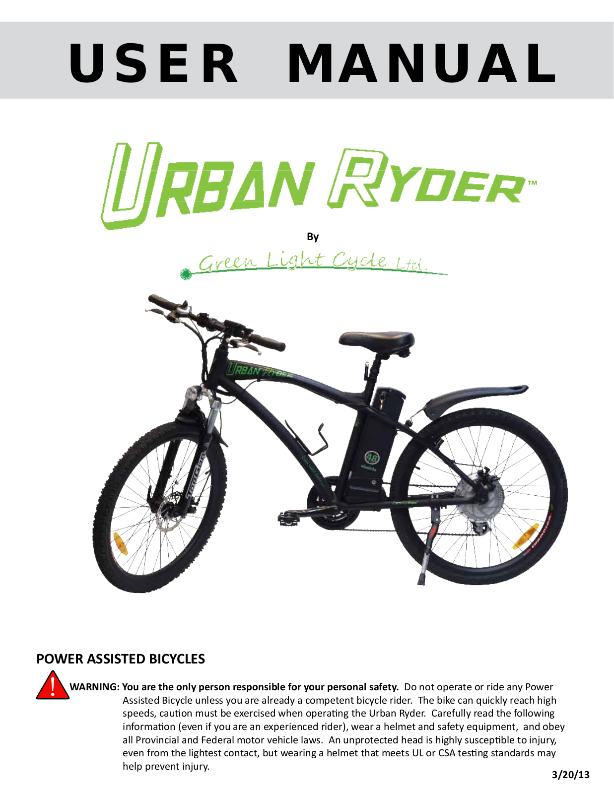 Green Light Urban Ryder Electric Bicycle User Manual