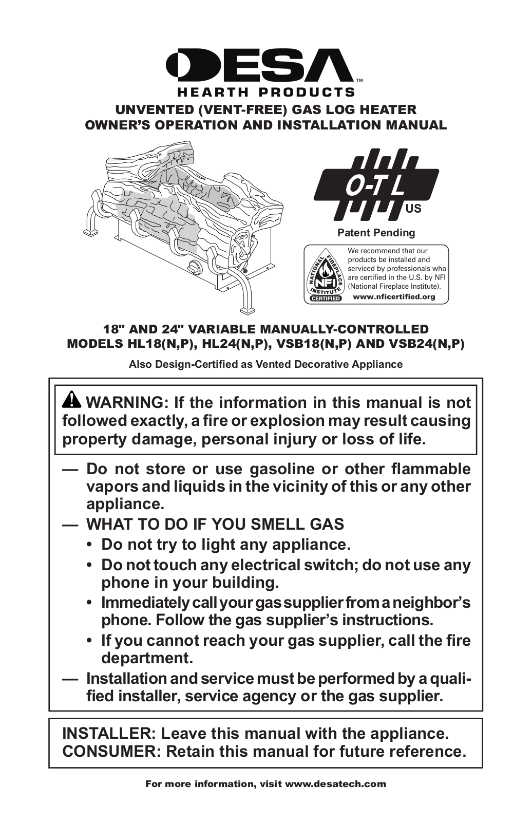 Desa HL18N, HL18P, HL24P, HL24N, VSB18N Owners Manual And Installation Manual