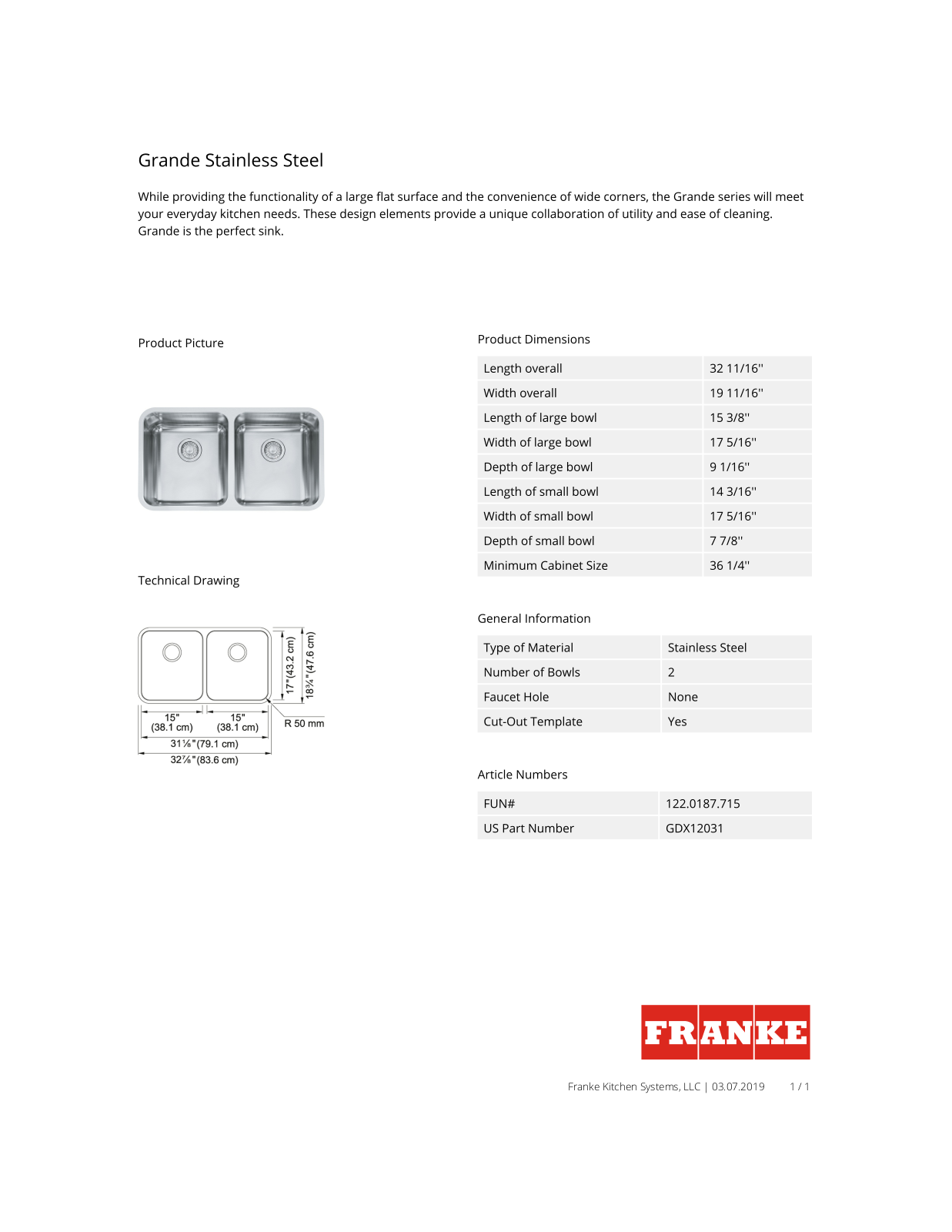 Franke GDX12031 Specs