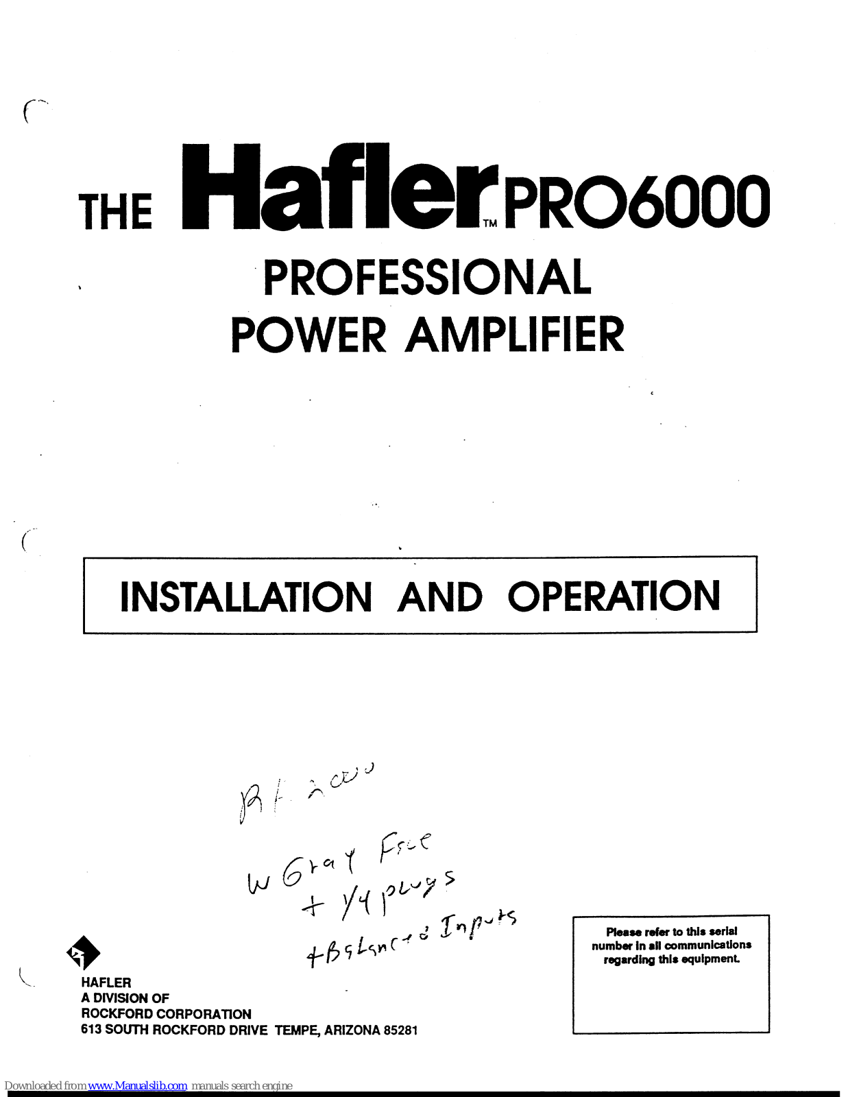 Hafler 6000, PRO6000 Installation And Operation Manual