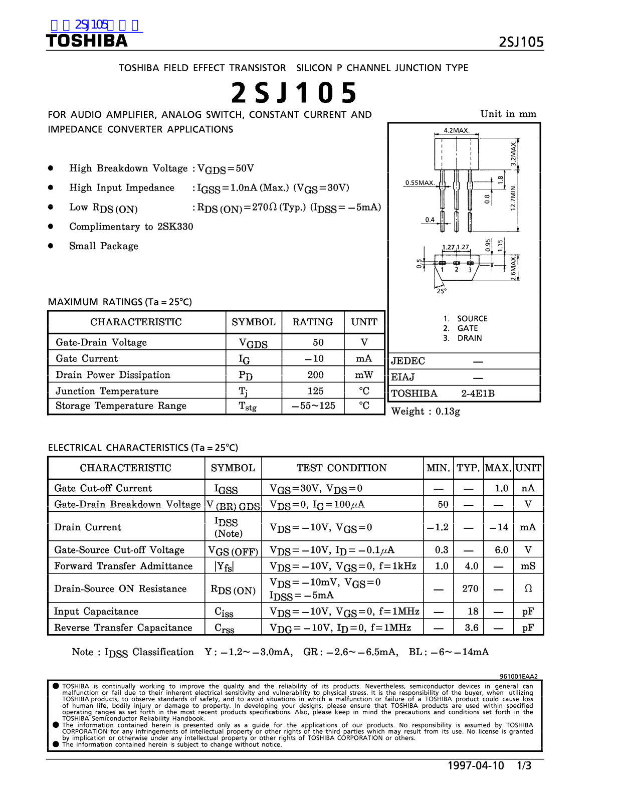 TOSHIBA 2SJ105 Technical data