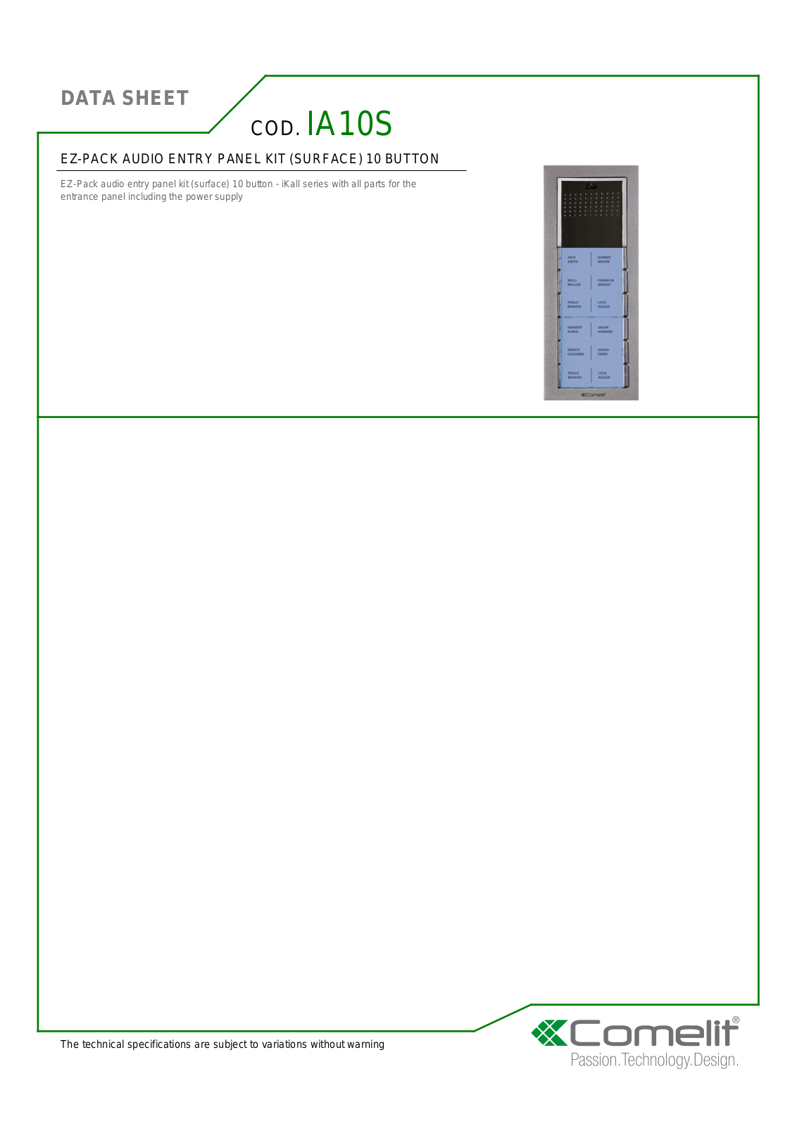 Comelit IA10S Specsheet