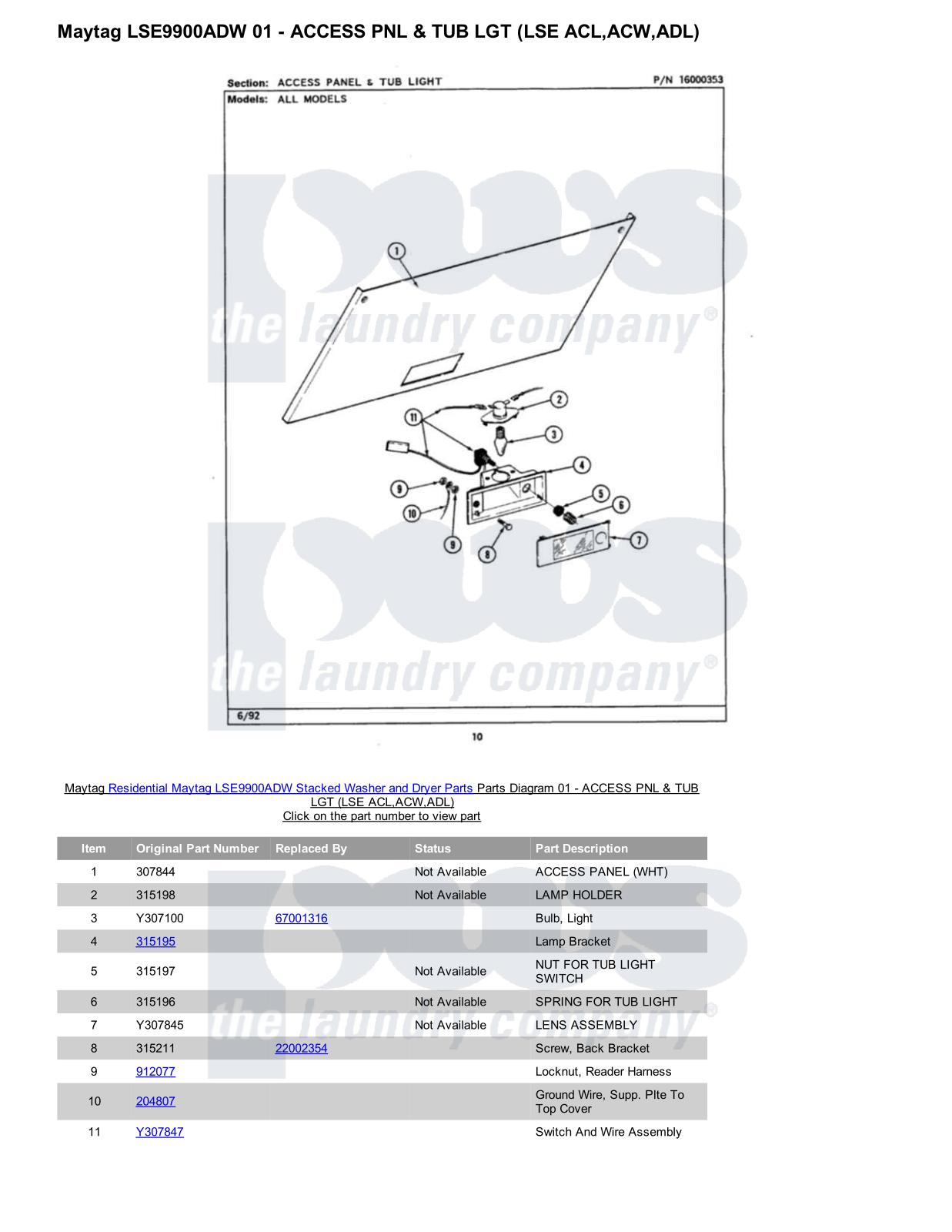 Maytag LSE9900ADW Stacked and Parts Diagram