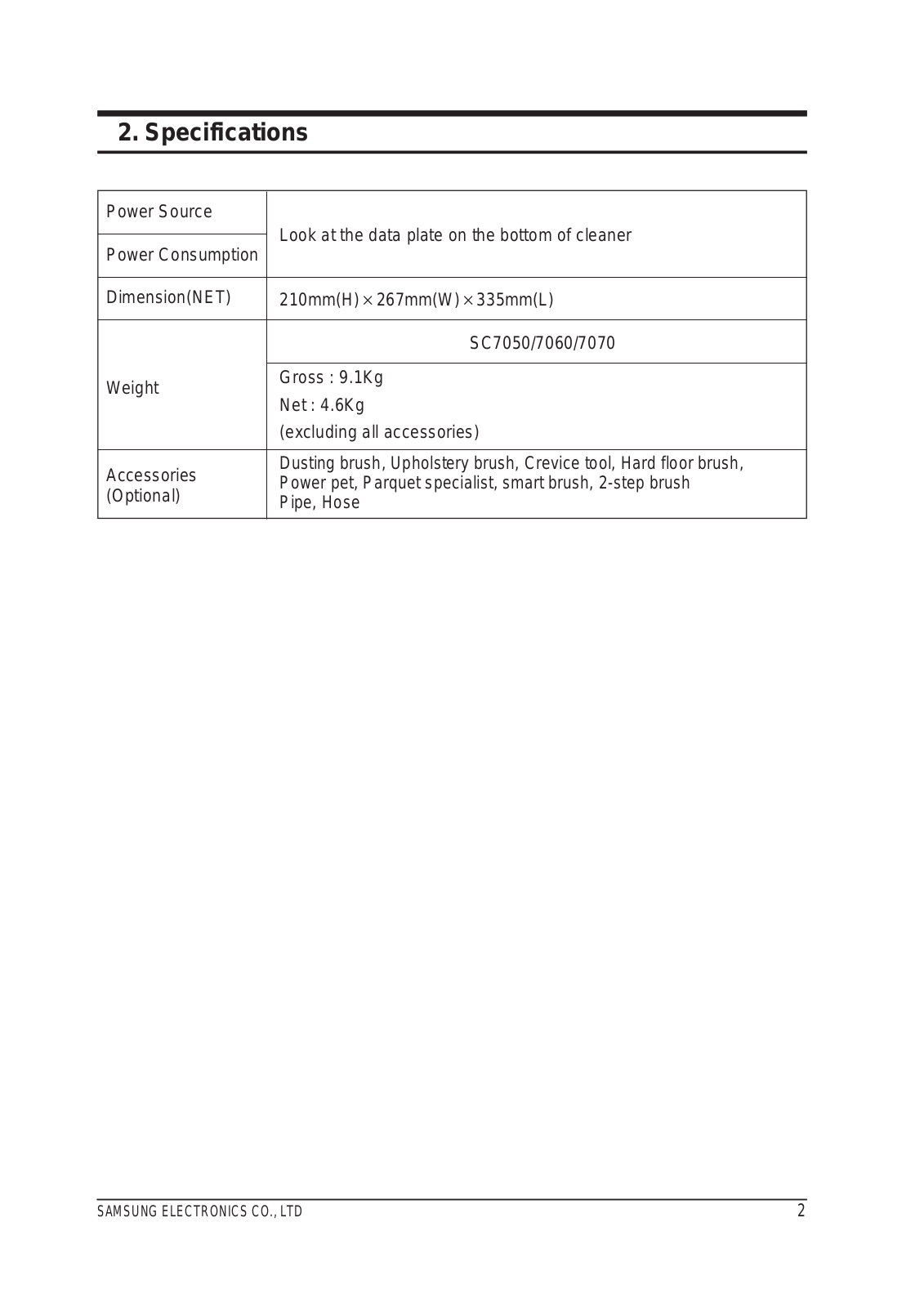 SAMSUNG VCC7060H3B, SC7050 Service Manual Product Specification